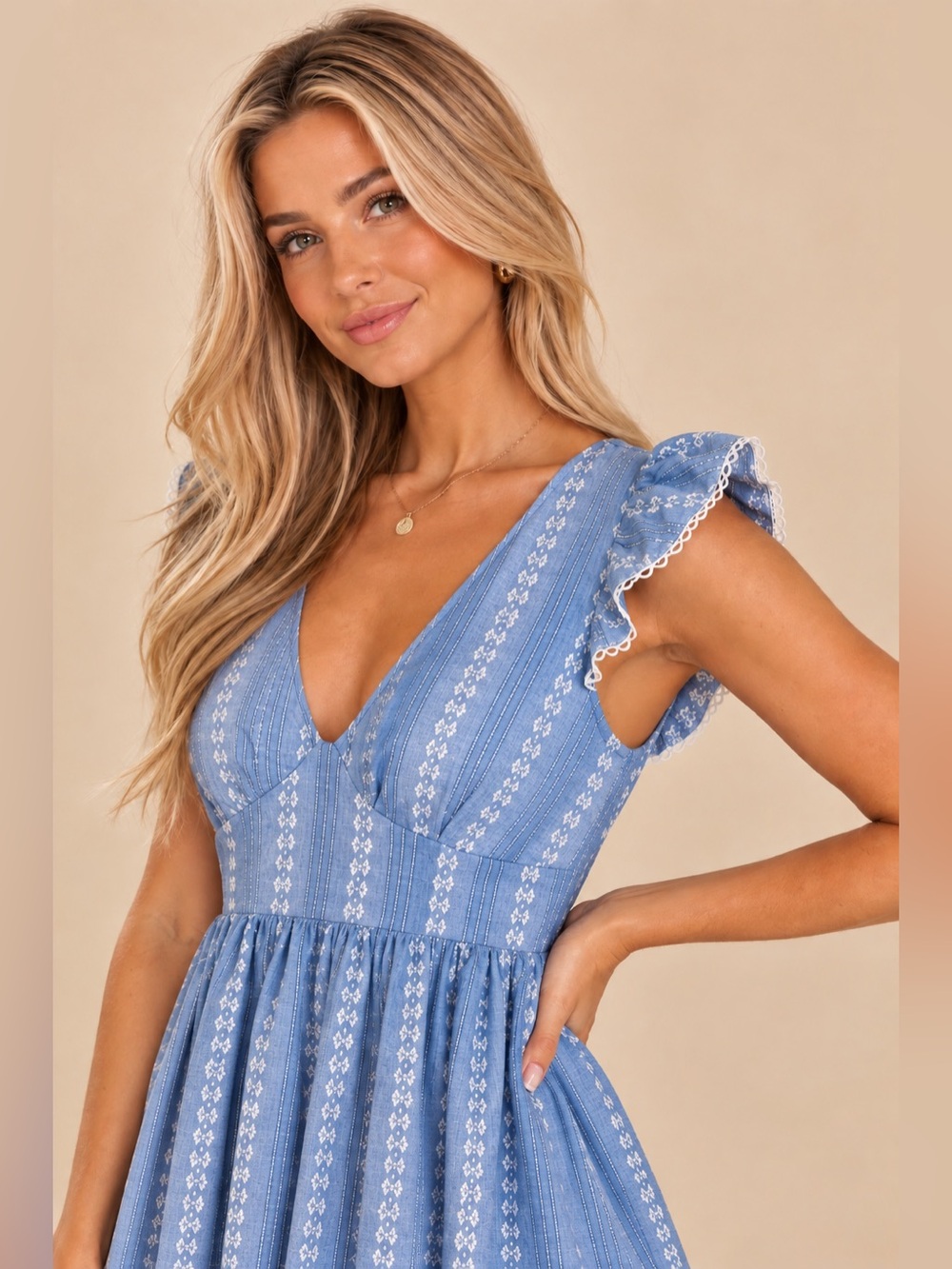 Peyton & Parker Chambray Floral Embroidered Flutter Sleeve Mini Dress Small - Picture 2 of 12